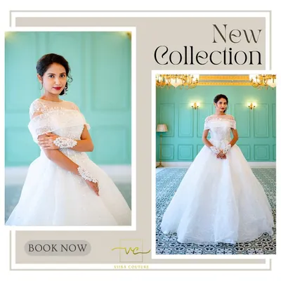 A beautiful collage of my new Catholic gown collection. This off-shoulder ball gown with delicate lace gloves is perfect for a classic bride.