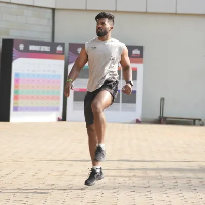 A high-knee drill in action. This is a dynamic warm-up exercise I use to improve coordination and activate the leg muscles before a tough workout.