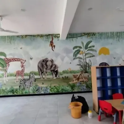 This playful jungle animal mural is perfect for a child's playroom, school, or pediatric waiting area. The friendly characters and soft landscape create a fun and welcoming environment for kids.