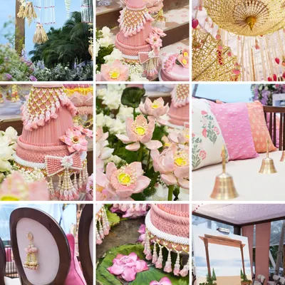 A collage of the many details from a beachfront wedding ceremony. From handcrafted floral structures inspired by Vietnamese and Thai crafts to delicate textiles and symbolic brass bells, each element was thoughtfully chosen.