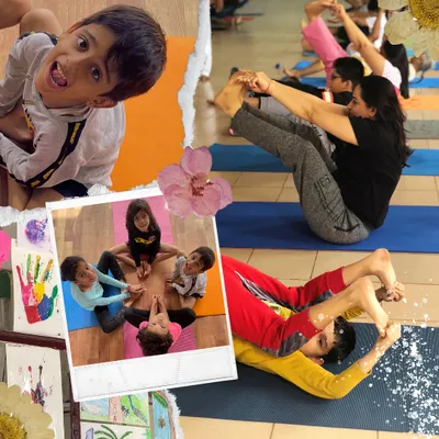 This collage captures the vibrant energy of our kids and parents summer retreat. It is a unique program that combines yoga, games, art, and nature to create a memorable holiday for the entire family.