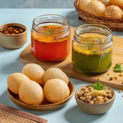 A deconstructed Pani Puri or Golgappa shot, with crispy puris, spicy water, and sweet chutney arranged neatly for a clean and modern take.