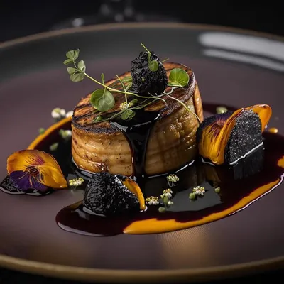 An exquisite plate of Seared Foie Gras, perfectly balanced with a sweet and tangy fig reduction. The dish is garnished with microgreens and edible flowers, showcasing our dedication to fine dining ingredients and artistic presentation.