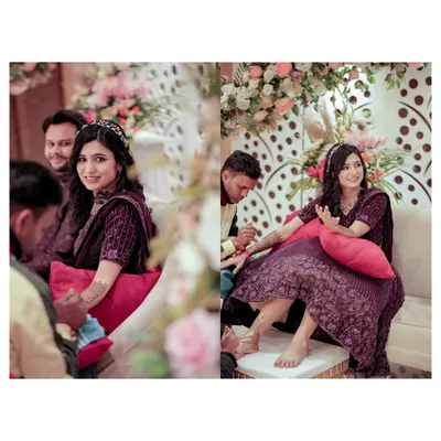 A diptych capturing the relaxed and happy atmosphere of a Mehendi ceremony. On one side, a close-up of the bride's smile, and on the other, a wider shot showing her comfortably getting her henna done, surrounded by warmth.