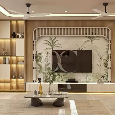 This living room design brings the outdoors in with a nature-inspired TV wall panel. We integrated open shelving with backlighting for displaying decor and added a comfortable window seating area with built-in storage.