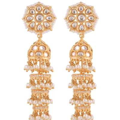 A crisp, front-facing product shot of gold and pearl tiered jhumka earrings on a white background, perfect for a primary e-commerce listing image.