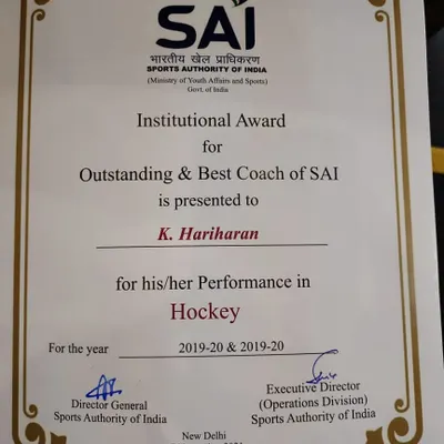 I am honored to have received the Institutional Award for Outstanding & Best Coach of SAI. This recognition is a result of my team's hard work and the support I've received.