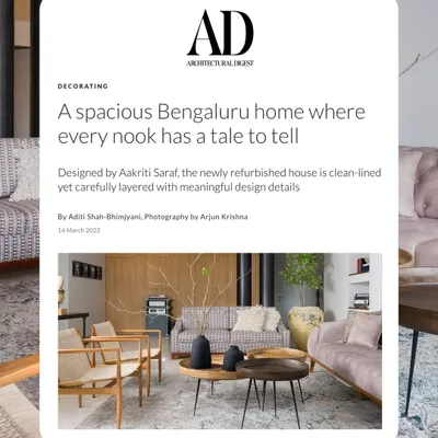 We are proud to be featured in Architectural Digest for this spacious Bengaluru home, where every nook has a tale to tell. The article highlights how we created a clean-lined yet carefully layered space with meaningful design details.