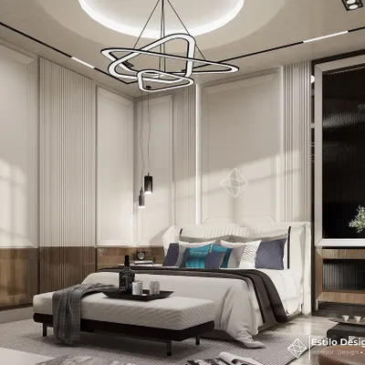 This bedroom concept combines classic wall paneling with modern elements for a timeless feel. The statement chandelier and layered lighting create a warm and inviting ambiance, perfect for a restful retreat.