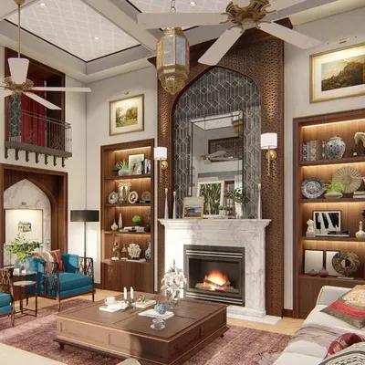 A full view of the haveli's living area, showcasing the grand scale, traditional arched mirror above the fireplace, and built-in shelving for displaying artifacts, all unified by modern furnishings.