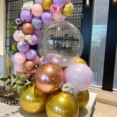 A beautiful and thoughtful gift for a mom's birthday. This custom balloon bouquet features a mix of pastel and metallic balloons, with a personalized 'Happy Birthday Mommy' message on the large central bubble balloon.