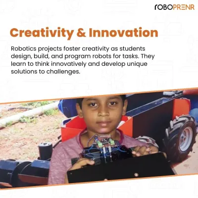 A student proudly displays the robot he designed and built. Our projects foster creativity and innovation, teaching kids to think outside the box and develop unique solutions to challenges.