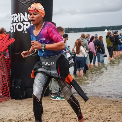 Exiting the water during the Tallinn 70.3. This is the critical moment of T1, moving from a horizontal to a vertical plane. My training focuses on making this movement smooth to avoid dizziness and save precious seconds.