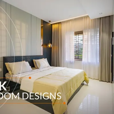 Sleek bedroom designs that balance modern minimalism with sophisticated luxury. This room features a dark, paneled accent wall and integrated wardrobes for a clean and contemporary look.