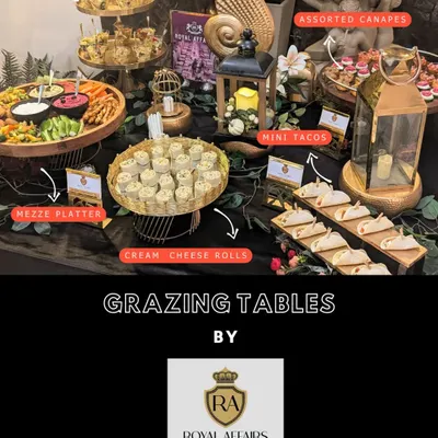 This grazing table is a complete culinary journey, featuring everything from a fresh mezze platter and cream cheese rolls to mini tacos and assorted canapés. It’s a perfect, self-contained solution for house parties and corporate events.
