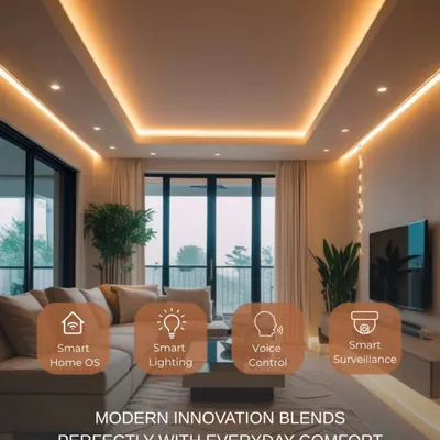 This living room demonstrates how modern innovation can blend perfectly with everyday comfort. I integrate smart lighting, voice control, and a complete smart home OS to create a seamless and intuitive environment.