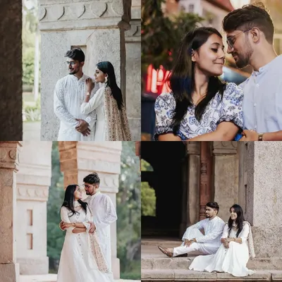 A collection of moments from a shoot at a historic Delhi location. This collage shows a mix of classic portraits in traditional wear and a modern, candid shot from a night out.