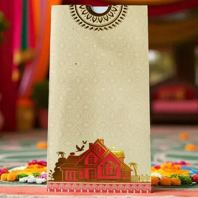 A beautiful housewarming invitation in a soft cream color with a red foil house illustration, set against a festive background.