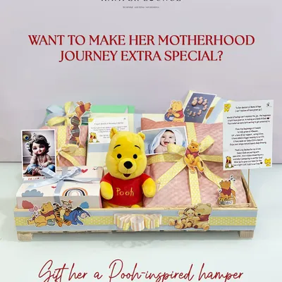 For the wonderful mom-to-be, I curated this thoughtful Winnie the Pooh inspired hamper. It’s filled with comforting essentials and keepsakes to pamper her during her pregnancy journey, and can be fully customized to her tastes.