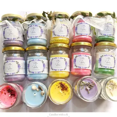A vibrant collection of 100ml jar candles created for a bride, Shalini. The order included five different scents and designs, from layered candles to botanical toppings.