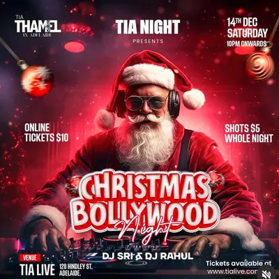 A festive poster for a 'Christmas Bollywood Night' I co-hosted. I enjoy creating special sets for holiday events, mixing seasonal cheer with desi beats.