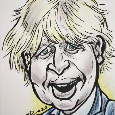 A caricature of British PM Boris Johnson, drawn when he tested positive for coronavirus. The artwork captures his well-known public persona with exaggerated features.
