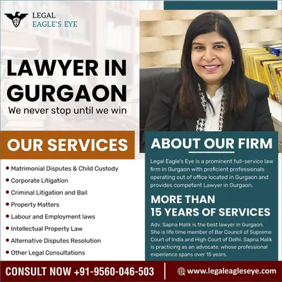 This graphic provides an overview of our firm and its wide range of services, from matrimonial disputes to property matters. With over 15 years of experience, Advocate Sapna Malik leads our team with a promise: we never stop until we win.