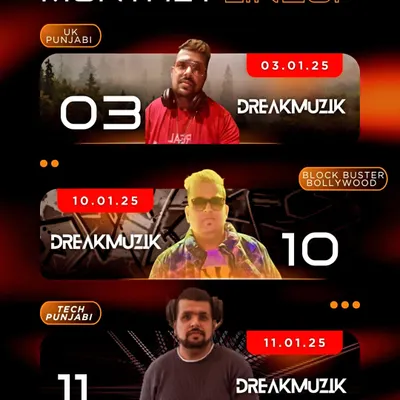 A sample of my monthly lineup poster. This shows the variety of themed nights I play, from UK Punjabi to Blockbuster Bollywood and Tech Punjabi.