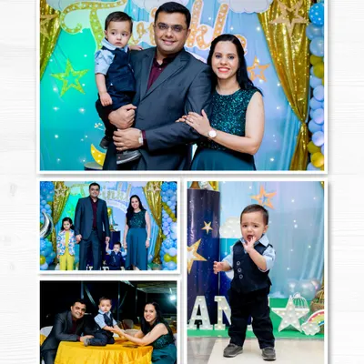 A collage capturing the highlights of a first birthday celebration. It shows the birthday boy with his family, his adorable outfit, and his curious expressions during the party.