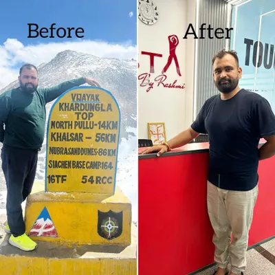 The journey from the mountains of Khardung La to our studio reception shows a powerful transformation. This client's consistency and trust in the process led to incredible results, proving that dedication is the key to achieving your fitness goals.