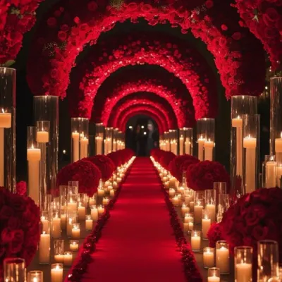 I love creating dramatic and passionate entrances. This stunning aisle is lined with countless candles and framed by arches of deep red roses, creating an intensely romantic and unforgettable path for the couple.