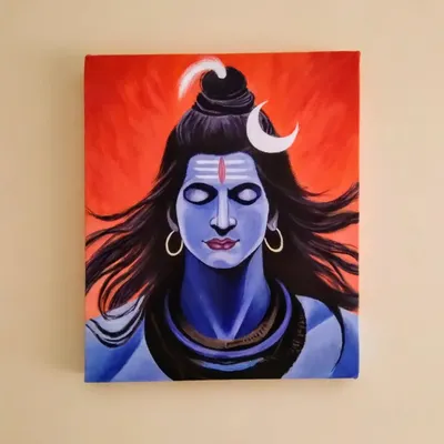 A finished acrylic painting of Lord Shiva in meditation, set against a vibrant orange background. This piece is on canvas and ready to hang, perfect for a meditation space or as a devotional artwork.