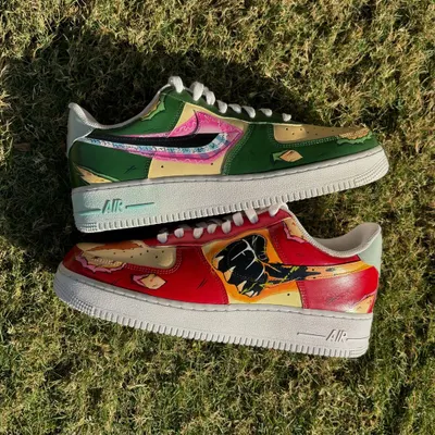 A dynamic design on Nike Air Force 1s showing Luffy in Gear 5 and Zoro in his King of Hell form, capturing the power of the Straw Hat Pirates' top fighters.
