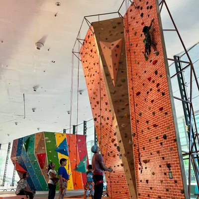 Our top-rope walls offer a fantastic challenge for climbers looking to gain height and endurance. Here you can see the scale of our facility, with climbers on the wall and our coaches belaying safely from below.