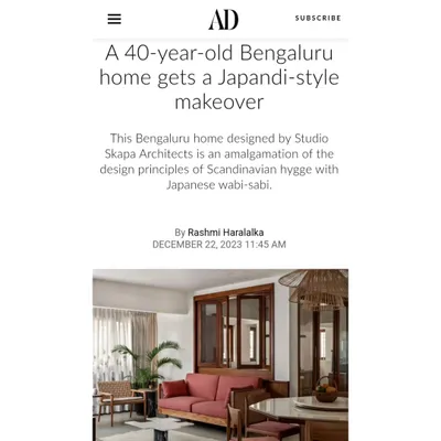 We are thrilled to have our 'Rooted Japandi Home' featured in Architectural Digest India. The article highlights how we gave a 40-year-old Bengaluru home a complete Japandi-style makeover.