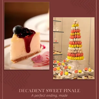 A perfect sweet finale, made sweeter through the lens. This collage features a slice of luscious blueberry cheesecake and a magnificent tower of colourful macarons, showcasing our decadent dessert offerings.