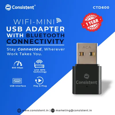 This Mini USB Adapter provides both Wi-Fi and Bluetooth connectivity in one tiny device. With 600 Mbps speed, it's perfect for upgrading your PC to handle video calls, streaming, and connecting to wireless keyboards or headphones, all with a 1-year warranty.