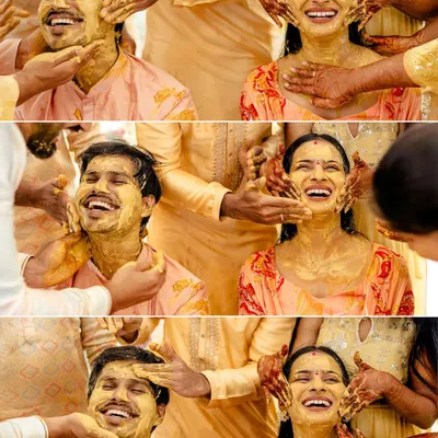 A collage showing the pure, unadulterated joy on the faces of Nihal and Sravanthi as they are covered in turmeric paste by their loved ones.