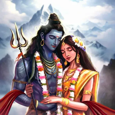 A tender moment between Shiva and Parvati, set against the backdrop of the Himalayas. This digital painting captures the profound love and completeness of their divine union.