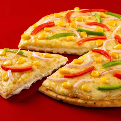 A classic, clean shot of a vegetable pizza for Ovenstory. The bright red background makes the product pop, and the perfect slice pull makes it ideal for menus and ads.