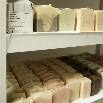 My usual work view. These shelves are where my soaps cure, filling the studio with the most wonderful scents.