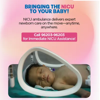 Our NICU on Wheels service ensures that expert newborn care is available anytime, anywhere. This image shows a baby safely inside a transport incubator, highlighting our ability to deliver critical care on the move when every second counts.