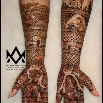I love creating storytelling mehendi like this, which includes portraits, a city skyline, mountains, and other personal symbols for the bride.