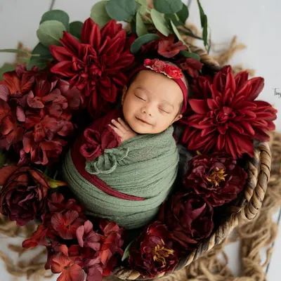 A beautiful smile from this little one, nestled in a basket of rich, red blooms. The contrast between the soft green wrap and the deep red flowers creates a stunning visual.