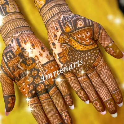 A complete bridal mehandi telling a story with detailed bride and groom figures. This traditional design is filled with symbols of love and celebration for the big day.