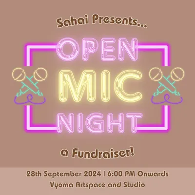 The poster for an Open Mic Night fundraiser, showing our commitment to using our space for community and social causes.