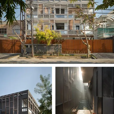 A collage showing the Urban Oasis in its context, with its strong, grid-like facade creating a distinct presence. The design was conceived as an inward-looking sanctuary, balancing industrial resilience with the warmth of a family home, a story we were proud to see featured in Habitus Living.