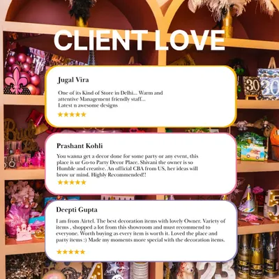 Here’s what the Partylicious magic means to our clients. This image showcases real reviews from happy customers who loved their decor. These testimonials are our biggest reward.