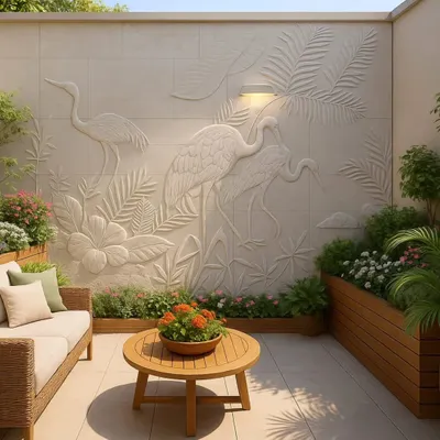 A beautiful stone mural featuring elegant cranes in a tropical setting. This kind of detailed wall art can become the centerpiece of any balcony or garden.