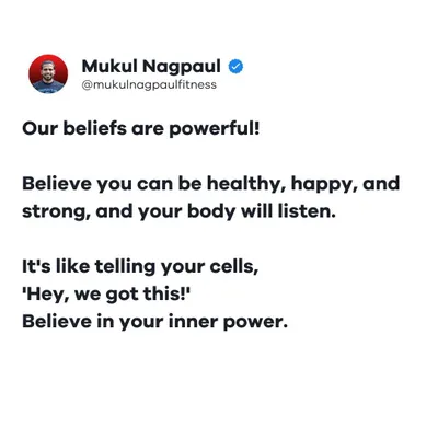 A tweet graphic stating that our beliefs are powerful. If you believe you can be healthy, happy, and strong, your body will listen. Believing in your inner power is the first step towards transformation.